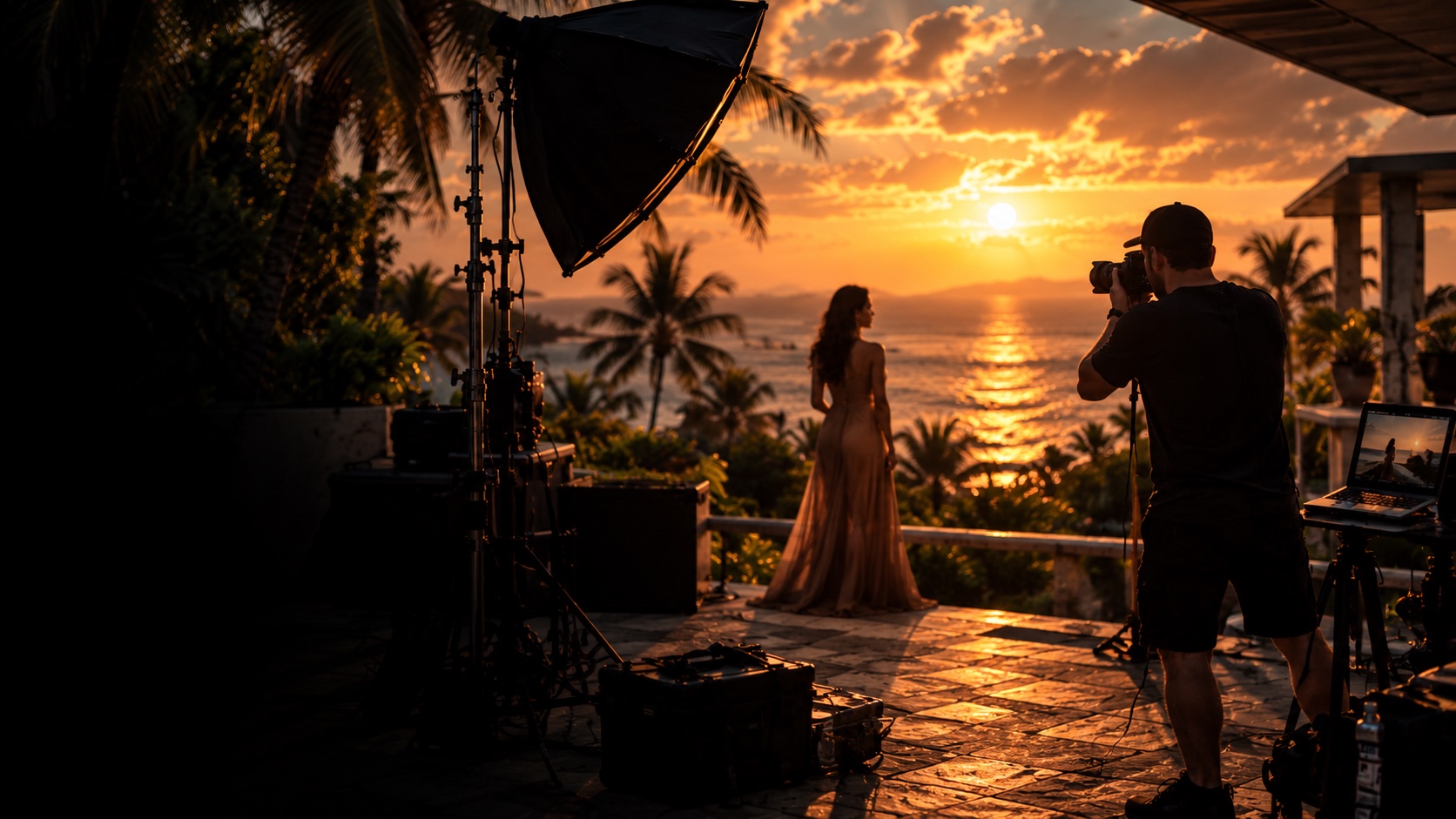 Illustrative golden-hour photography production with photographer, lighting equipment and model